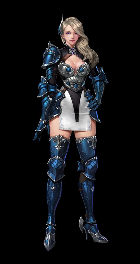 A Woman Dressed In Blue And White With Armor On Her Body Posing For