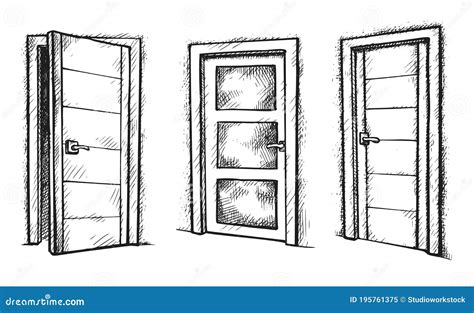 Black And White Front Door Isolated Sketch Set Stock Vector