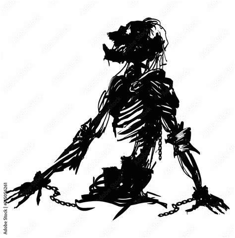 The Black Silhouette Of A Creepy Skeleton In Rags With Exposed Ribs And