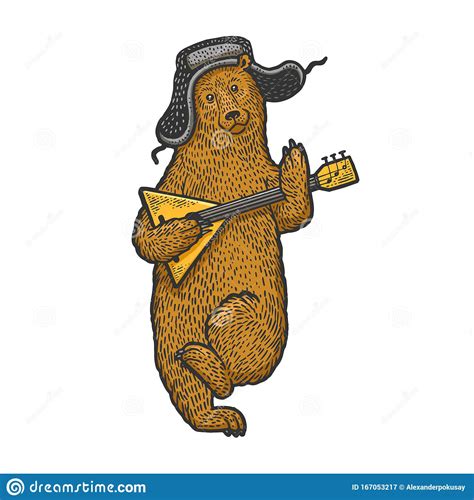 Bear With Earflaps And Balalaika Sketch Vector