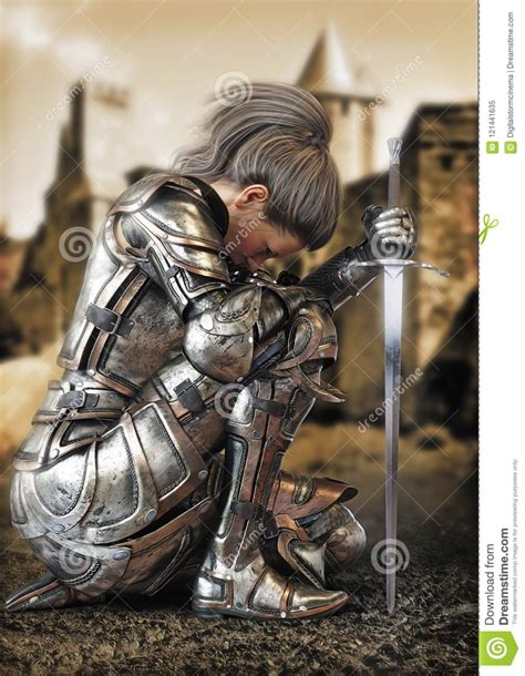 Female Warrior Knight Kneeling Wearing Decorative Metal Armor With A
