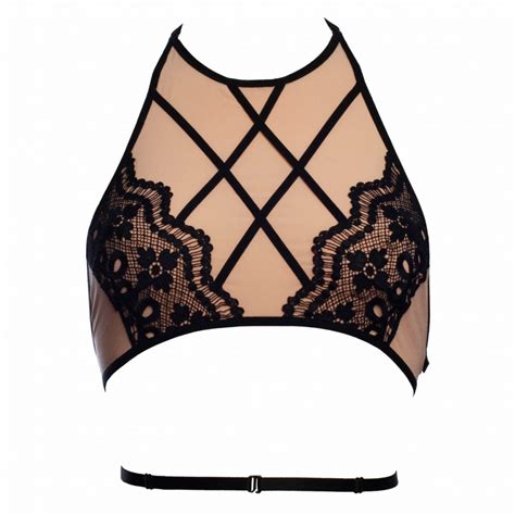 Nude Halter Crop Top With Black Lace Flashyouandme