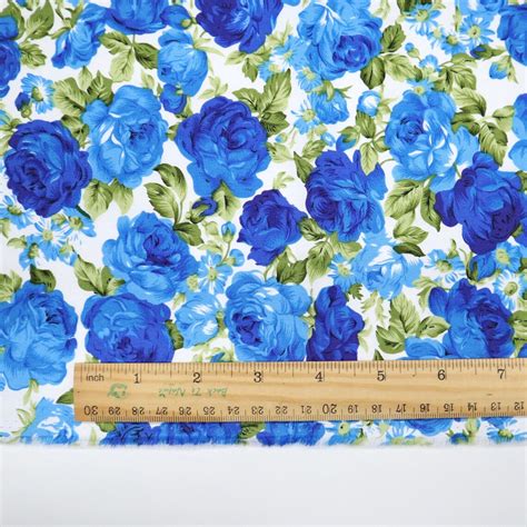 Vintage Blue Rose Cotton Fabric Blue Roses Printed On White Etsy