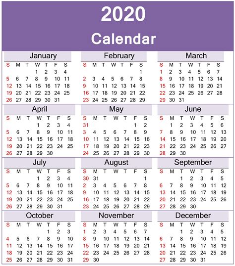 Yearly 2020 Calendar Printable Template Download