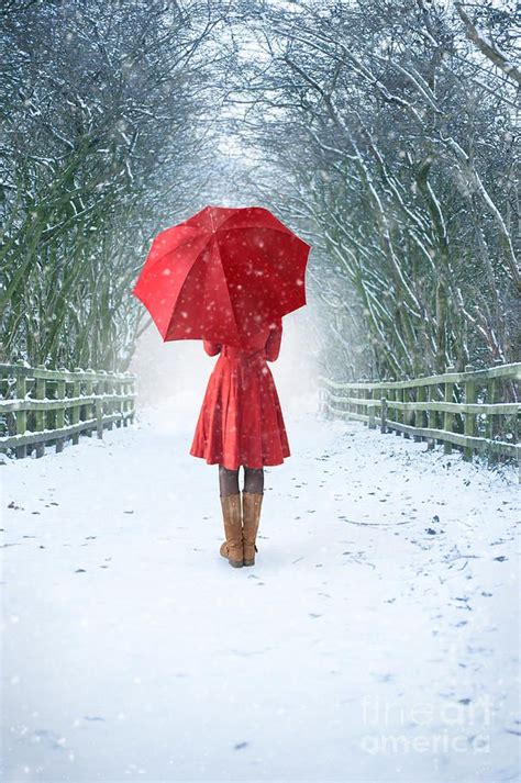 Woman With Red Umbrella In Snow Ladies And Umbrellas Red Umbrella