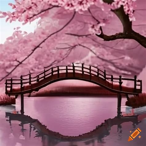 Japanese Bridge Surrounded By Cherry Blossoms