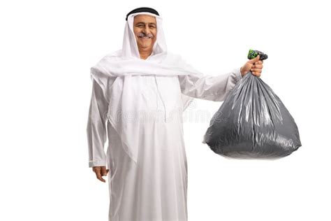 Mature Arab Man Holding A Plastic Waste Bag And Smiling Stock Image Image Of Standing Arabic