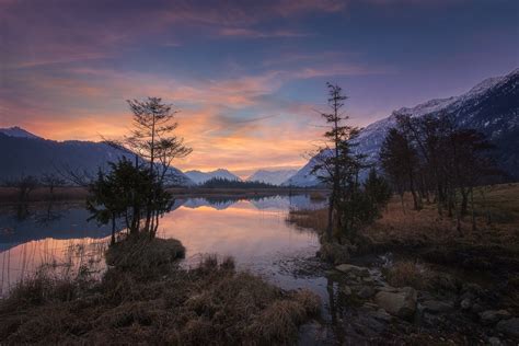 Nature Photography Landscape Lake Sunset Mountains Trees Snow Reflection Dry Grass
