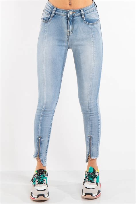 Blue Denim Zip Hem Skinny Jeans