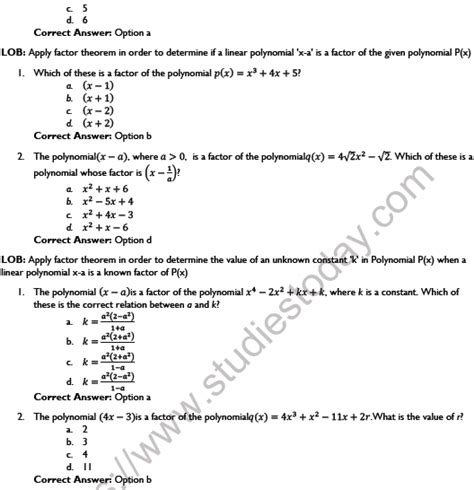 Cbse Class 9 Mathematics Polynomials Worksheet Set D