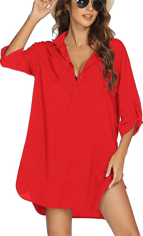 Avidlove Swimsuit Cover Ups For Women Beach Coverup Shirts Long Sleeve Coverups Red Small