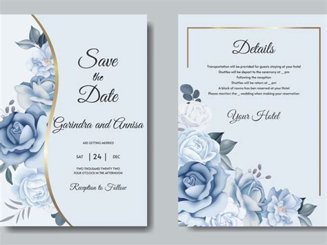 Two Wedding Cards With Blue Roses And Gold Trimmings On The Front Side