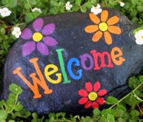 Painted Rocks Welcome And Flowers Modern Design Rock Painting