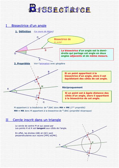Définition D Un Point En Géométrie - I Bissectrice d`un angle Définition (Le cours de 6ème) 2. Propriétés