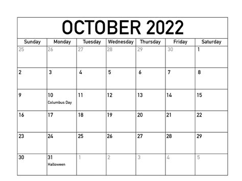 October 2022 Calendar With Holidays Planner