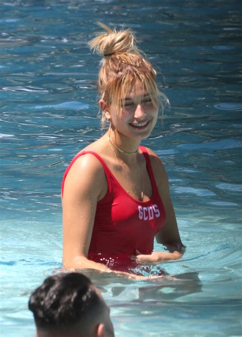 hailey baldwin in red swimsuit pool fun in miami 6 12 2016