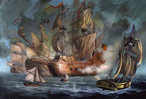 Two Spanish Ships Attacked By Pirates Anton Atanasov Art Peinture