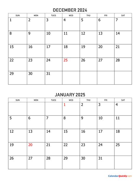 2 Month Calendar December 2025 January 2025
