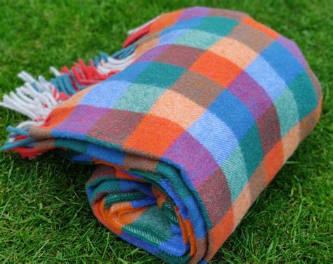 Irish Pure New Wool Blanket Throw Multicolour Block Check 100