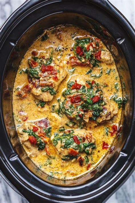 Crockpot Tuscan Garlic Chicken Thighs With Spinach And Sun Dried Tomatoes Chicken Crockpot