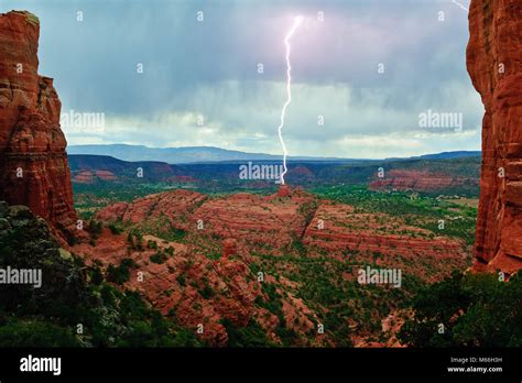 Lightning Over Cathedral Rock Sedona Arizona United States Stock