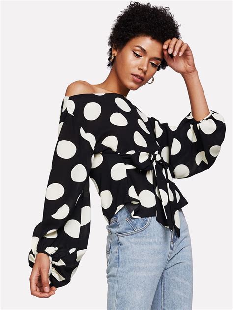 shop exaggerated lantern sleeve belted polka dot top online shein offers exaggerated lantern