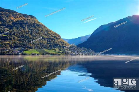 Mountains And Town Along Sognefjord Norway Scandinavia With