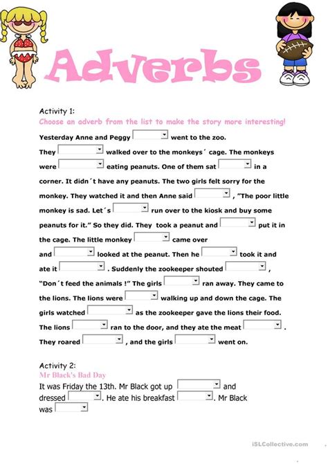 adverbs  worksheet  esl printable worksheets   teachers
