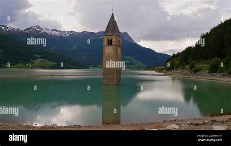 Famous Lone Standing Church Tower In Reservoir Reschensee South Tyrol