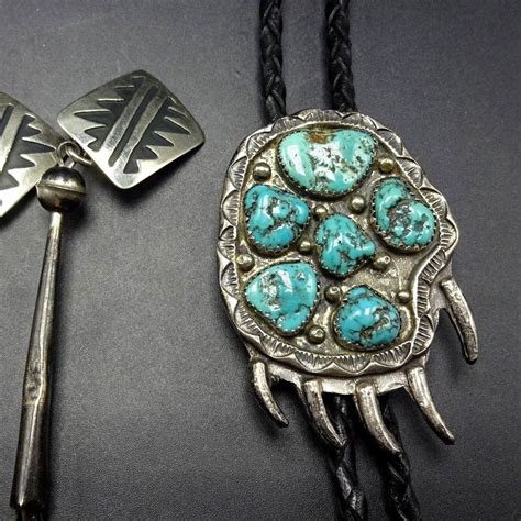 Vintage Navajo Bear Paw Turquoise Cluster Bolo Tie Sterling Tips With