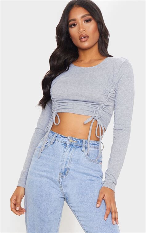 Grey Ruched Jersey Front Crop Top Tops Prettylittlething Usa