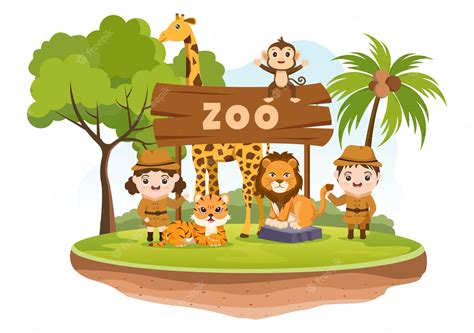Premium Vector Zoo Cartoon Illustration With Safari Animals On Forest