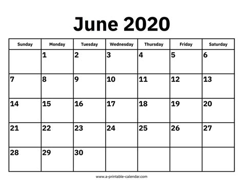 June 2020 Calendar A Printable Calendar