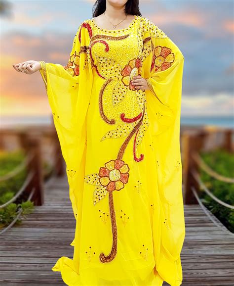 Dubai Yellow Kaftan Moroccan Dress Plus Size Embroidered Beaded Long