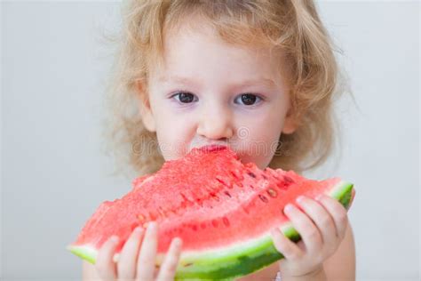 Cute Little Baby Girl Eating Watermelon Slice On Light Background Stock