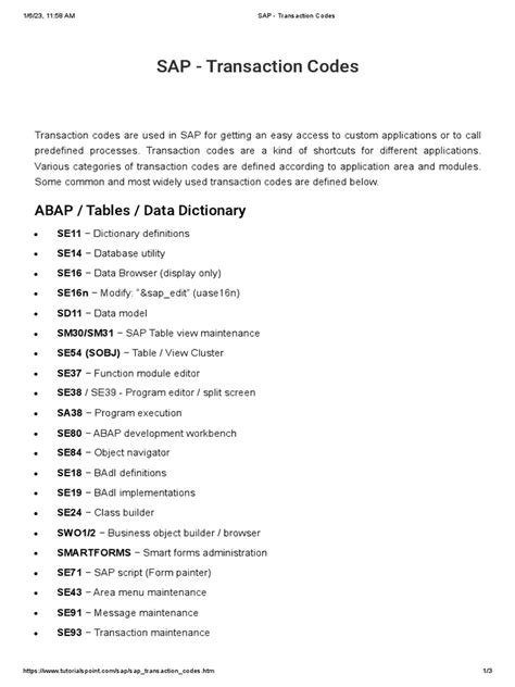 sap transaction codes pdf databases information technology
