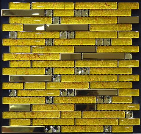 Metal And Glass Diamond Stainless Steel Backsplash Wall Tiles Gold Crystal Glass Mosaic