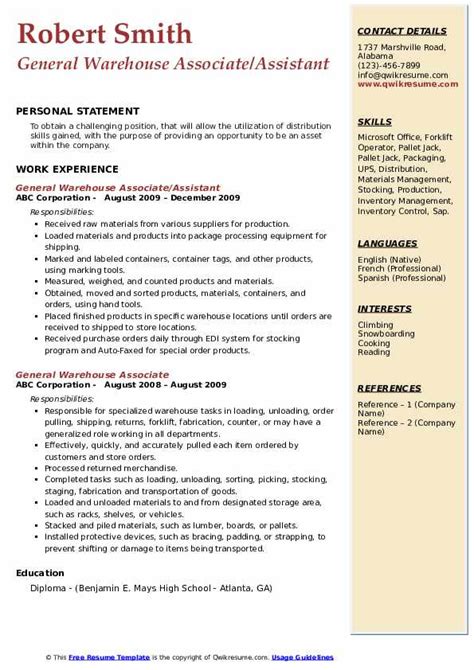 General assistant resume samples with headline, objective statement, description and skills examples. General Warehouse Associate Resume Samples | QwikResume