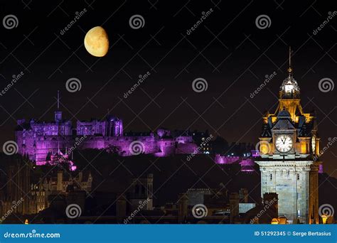 Edinburgh Night Cityscape With The Moon Stock Image Image Of