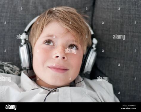 Little Boy With Headphones Stock Photo Alamy