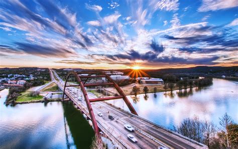 Usa Texas Austin Bridge Cars Rivers Sunset Sky Clouds Landscapes City