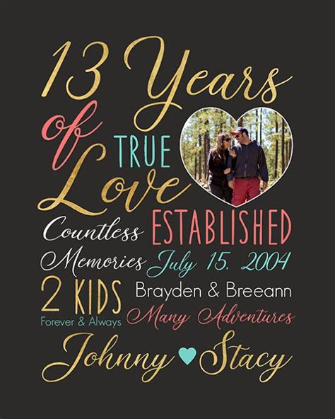The 13th wedding anniversary is another great year to gift your spouse something grand. Personalized Anniversary Art, Choose ANY year ...