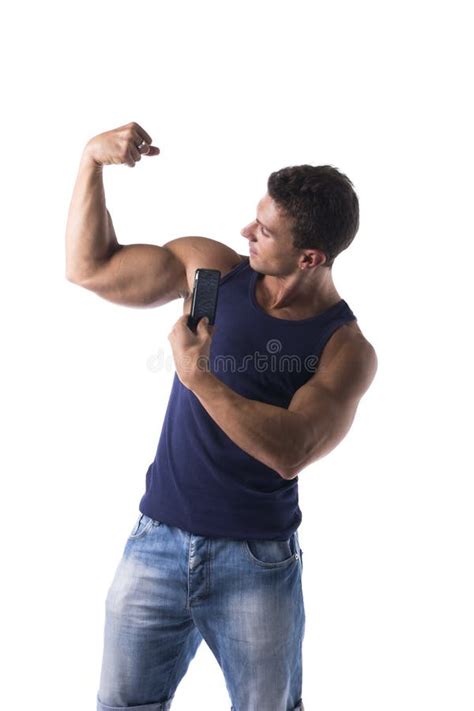 Strong Muscular Man Flexing His Arm Muscles Stock Image Image Of