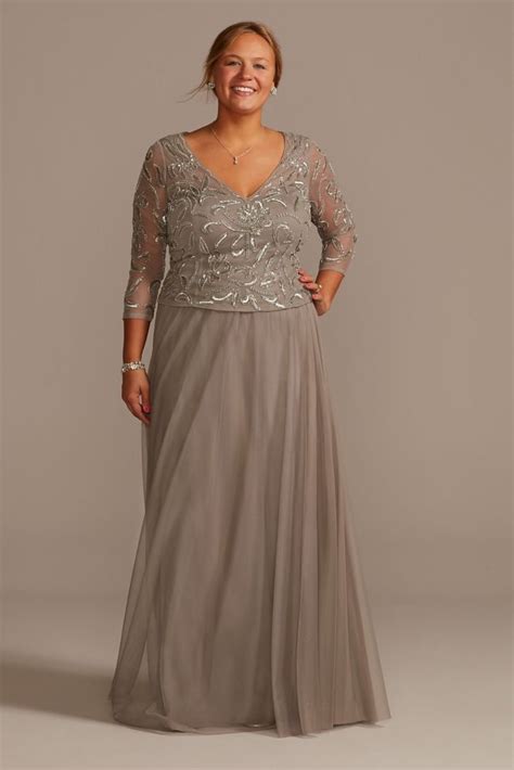 Plus Size A Line Mesh Dress With Beaded Top Davids Bridal In 2021