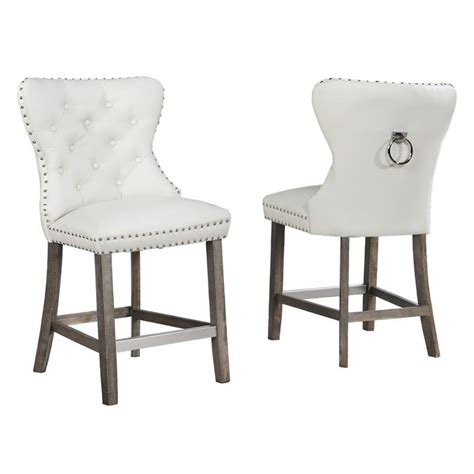 Tufted White Faux Leather Counter Height Chairs With Chrome Handle Set