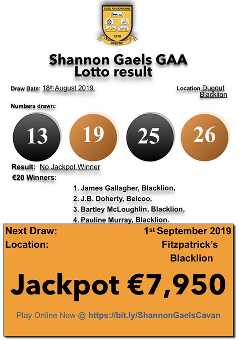 Club Lotto result update for draw 18th August 2019 - Shannon Gaels