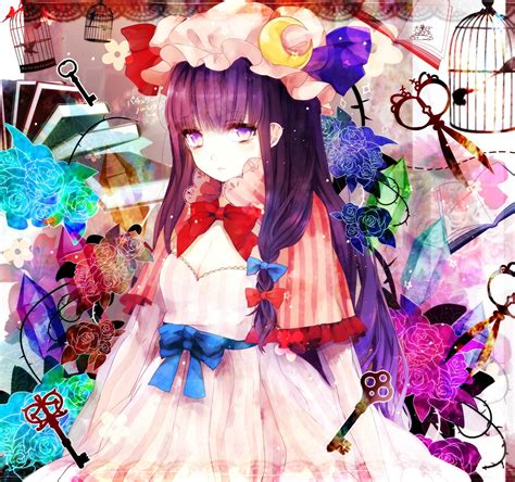 Patchouli Knowledge Touhou Anime Anime Girls Flowers Keys Cages