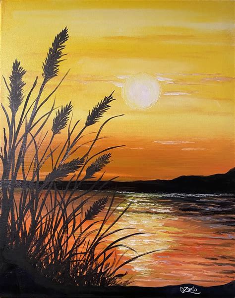 A Painting Of The Sun Setting Over Water