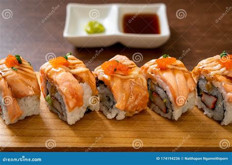 Grilled Salmon Sushi Roll With Sauce Stock Photo Image Of Asian