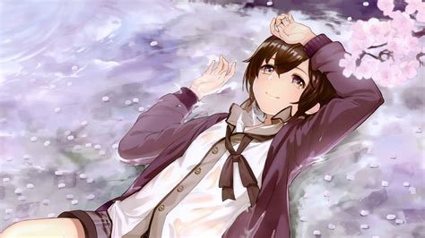 Download 3840x2160 Anime Boy Lying Down Water Cherry Blossom
